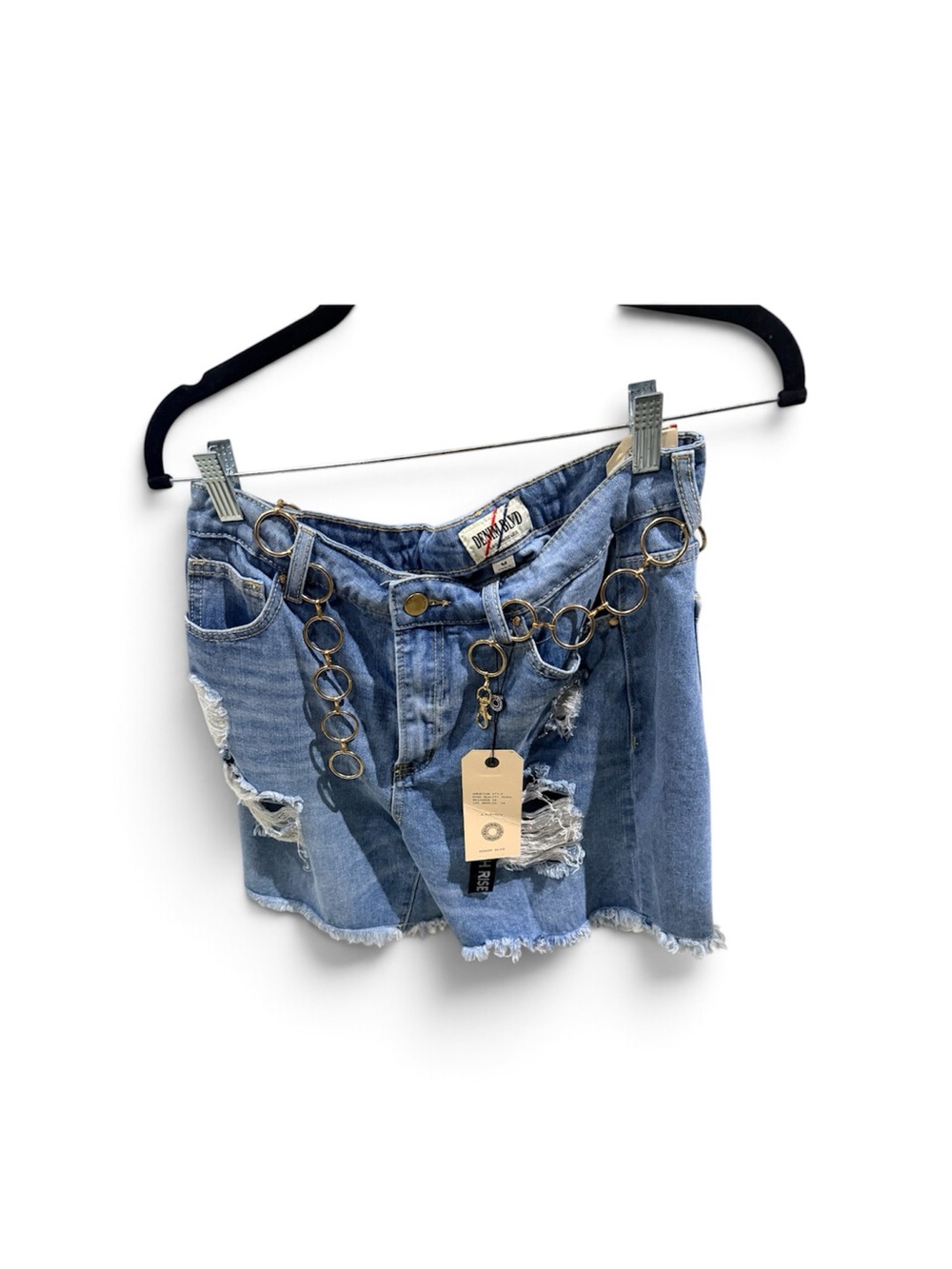 Ripped Light Blue Denim Shorts with Chain Belt